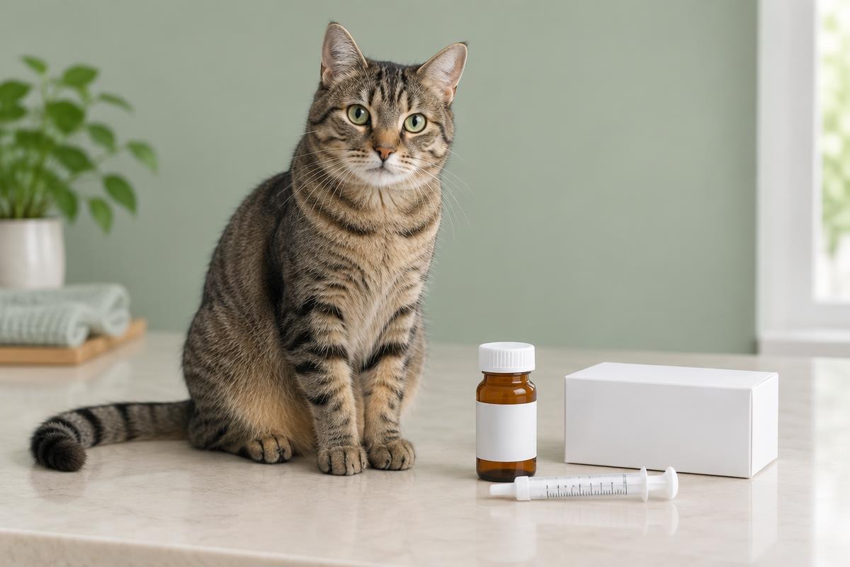 A tabby cat beside pet medication and an oral dosing syringe