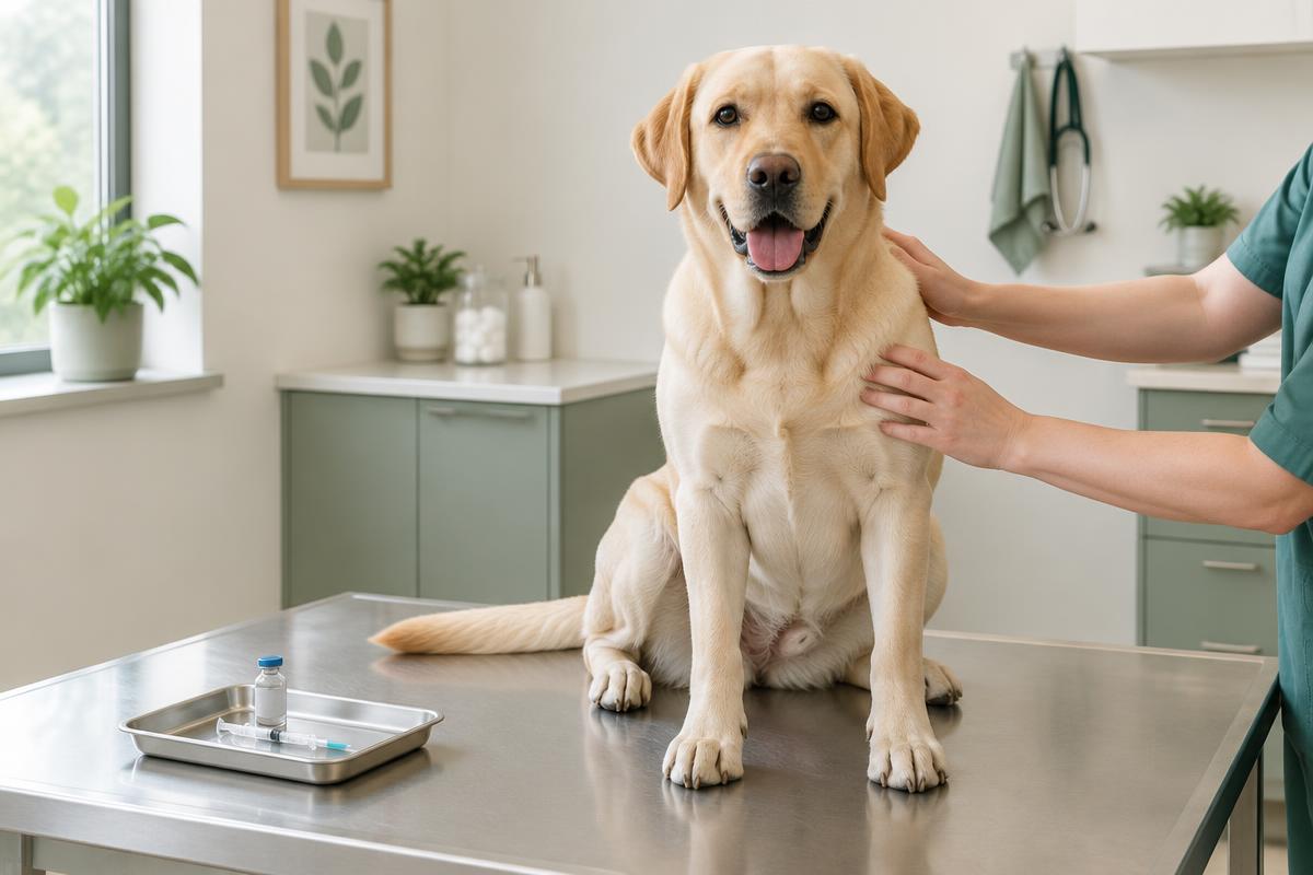 An adult Labrador at a preventive health visit with a vaccination tray nearby
