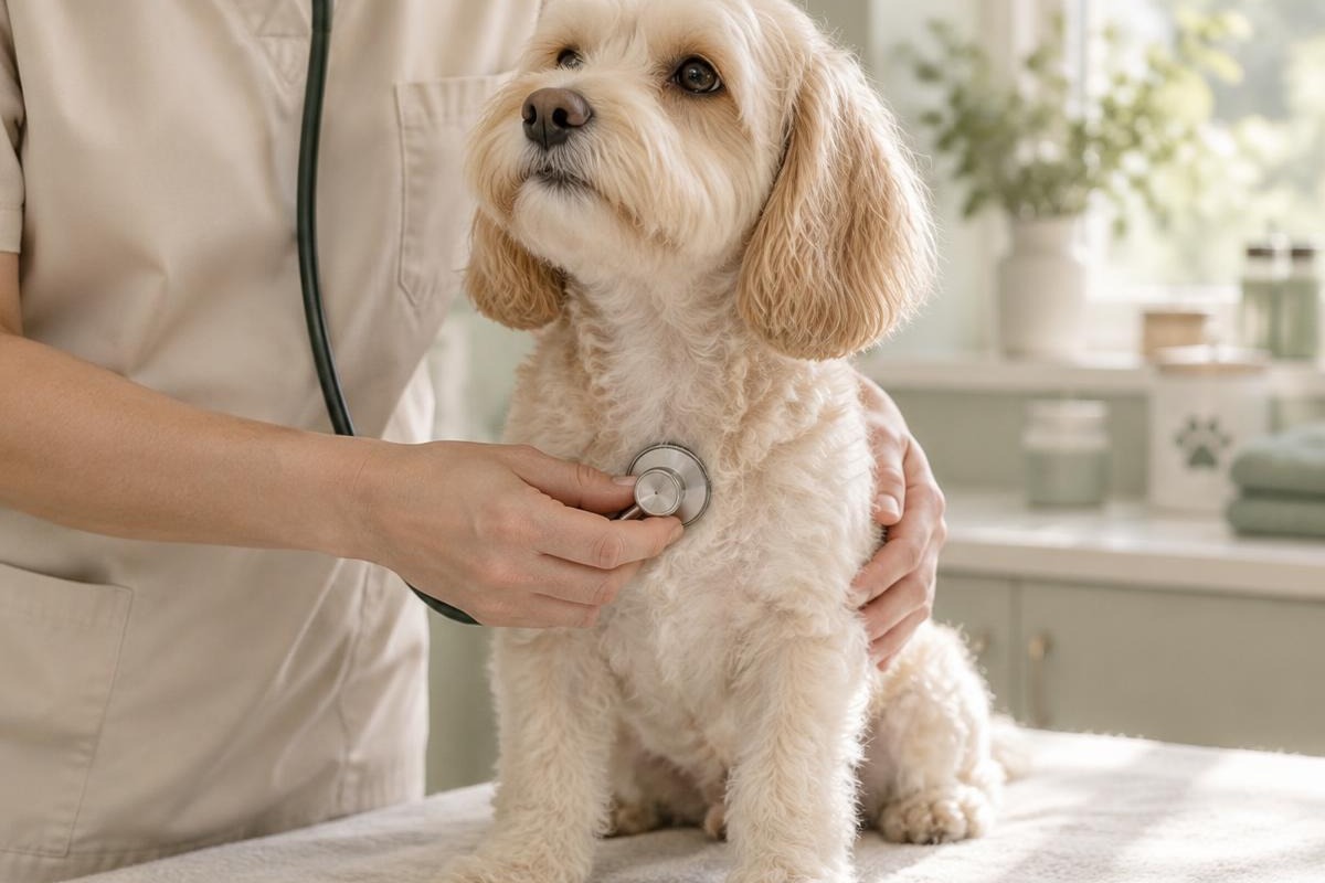 A fluffy cream dog sitting on an examination table while a veterinarian listens with a stethoscope