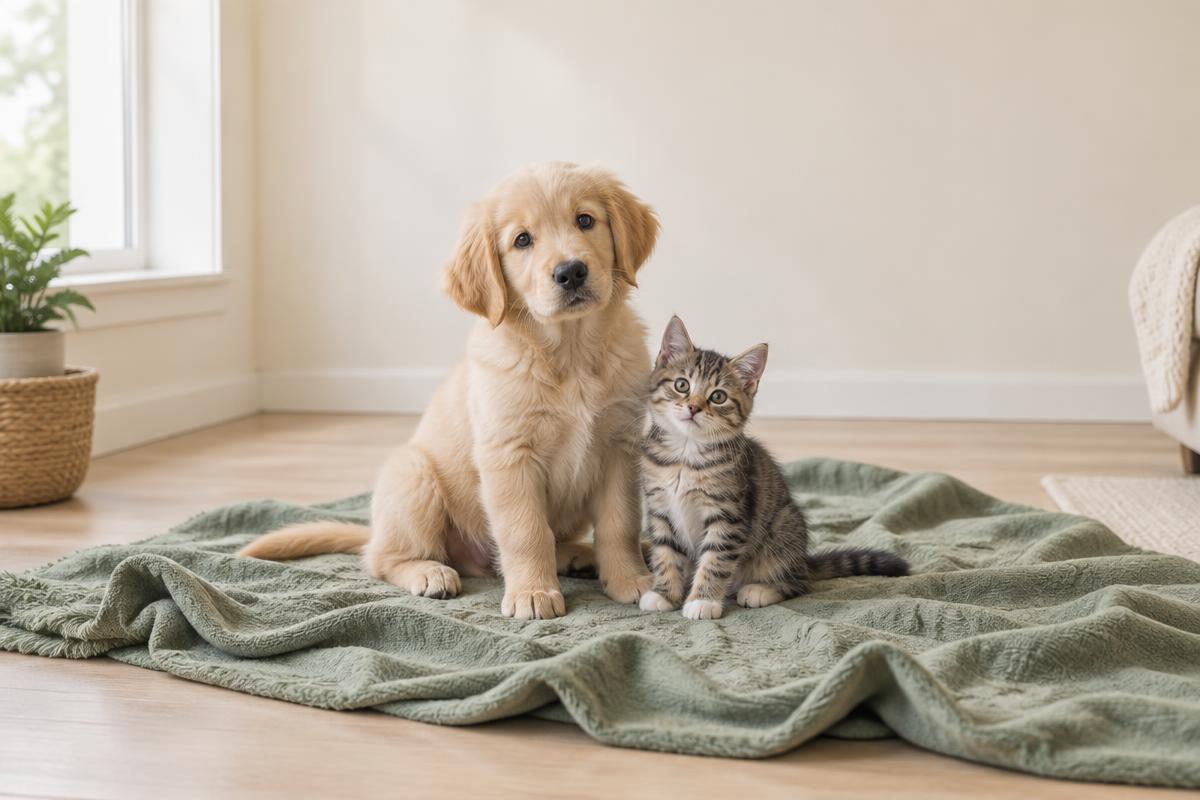 A young golden retriever puppy and tabby kitten sitting together