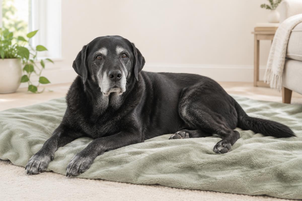 A senior black Labrador with a silver muzzle resting comfortably