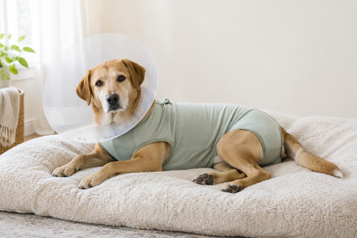 A dog resting in a protective cone and recovery suit