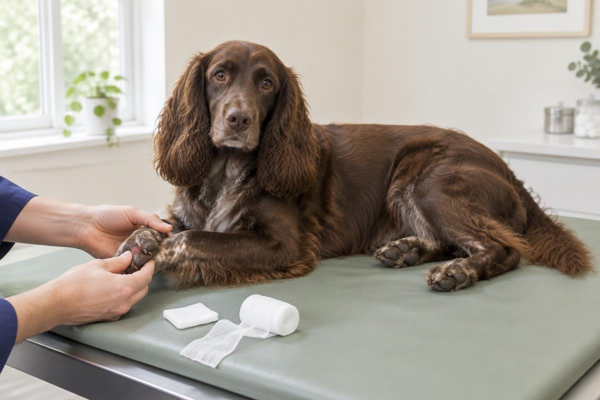A spaniel having its front paw gently assessed