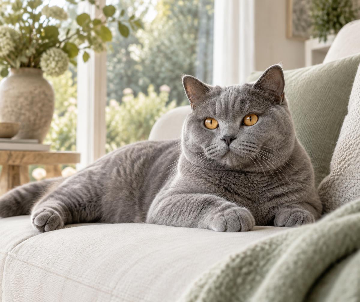 A relaxed gray cat resting beside a sunlit window
